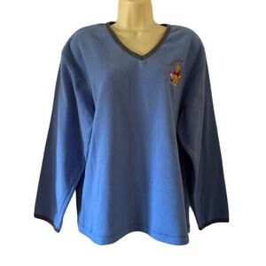 Disney Pooh Vintage Blue V-neck Fleece Pullover Top Woman's Large Y2K